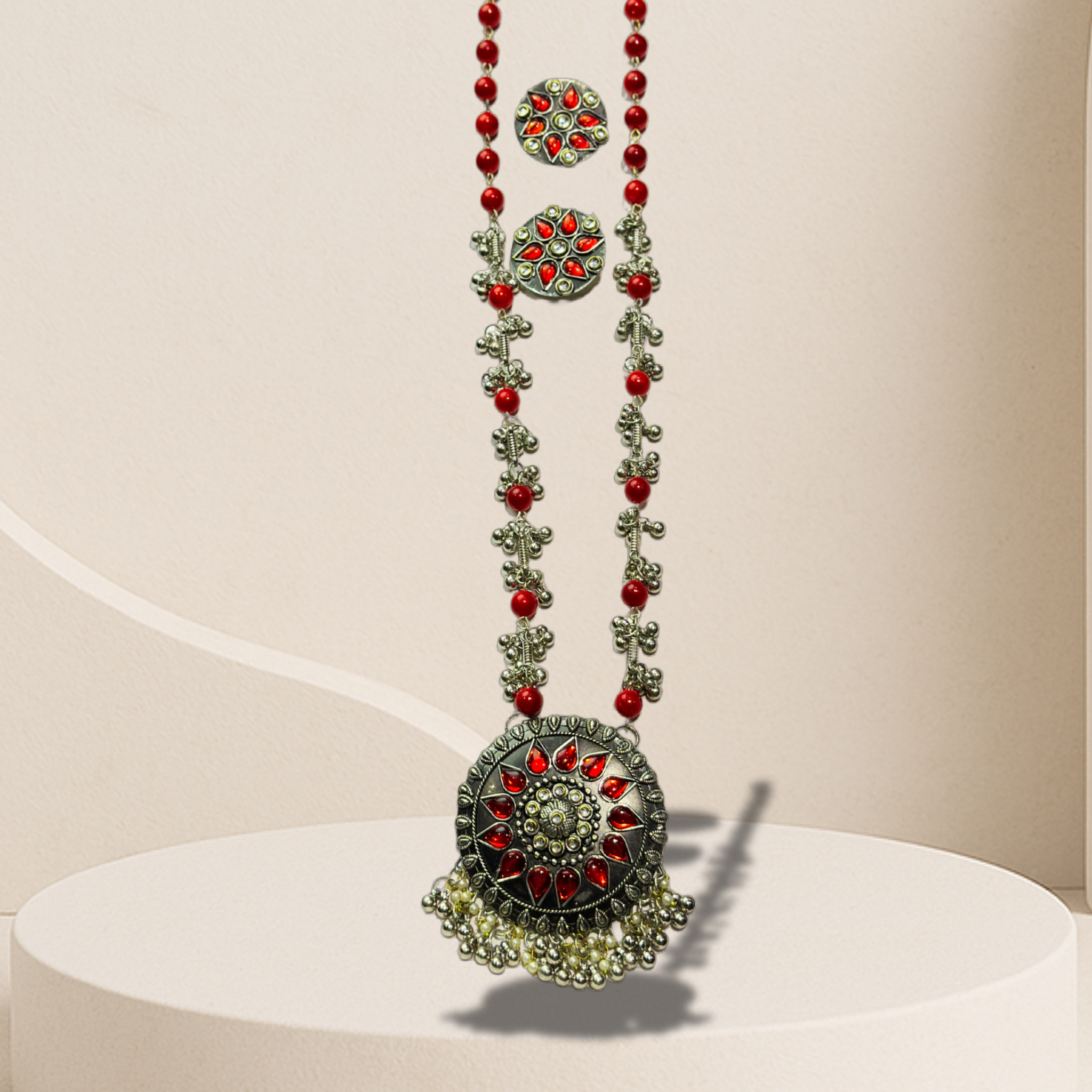Oxidized Red Bead Long Necklace Set with Earrings | Antique Festival Jewelry for Women