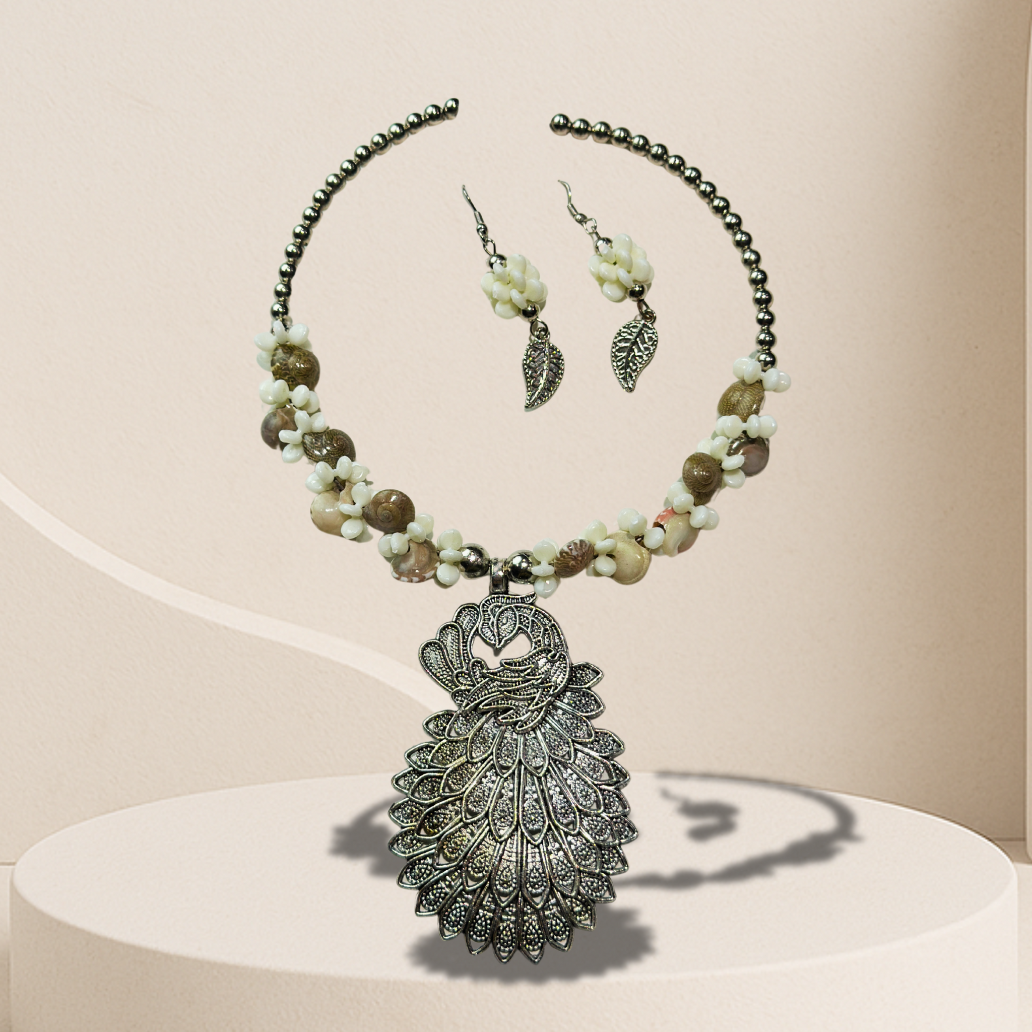 Oxidized Peacock Pendant Necklace Set with Earrings | Antique Beaded Jewelry for Women