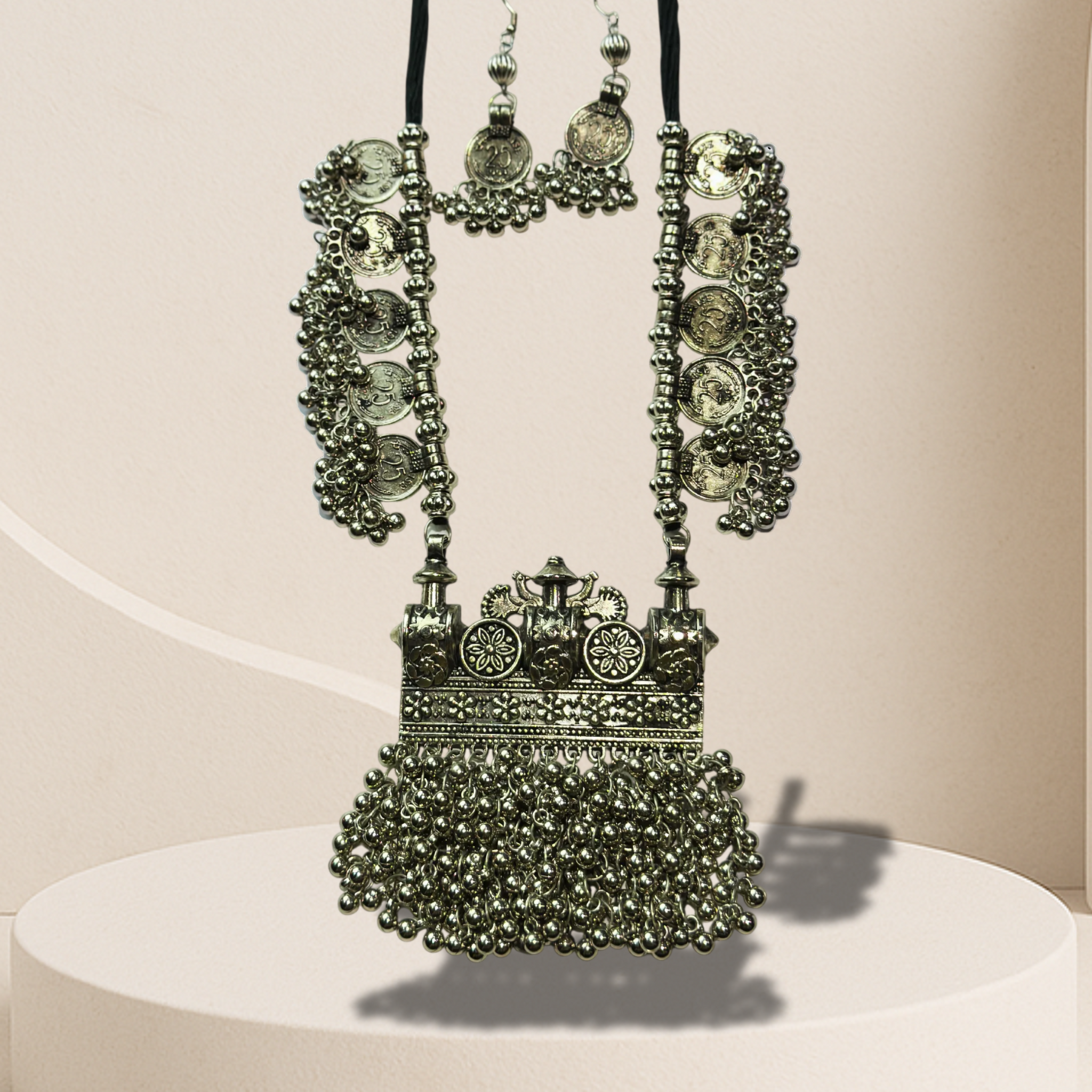 Heavy Oxidized Coin Work Necklace Set with Earrings | Antique Statement Jewelry for Women