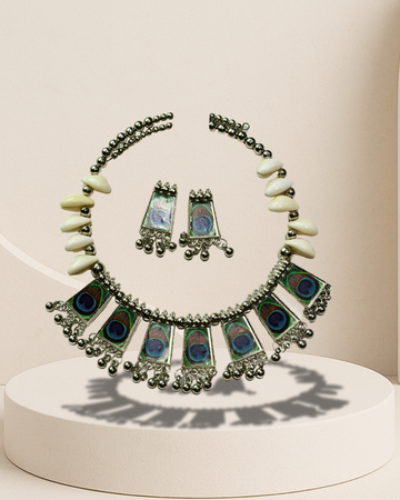 Oxidized Peacock Panel Necklace Set with Earrings | Cowrie Shell & Boho Ethnic Jewelry for Women