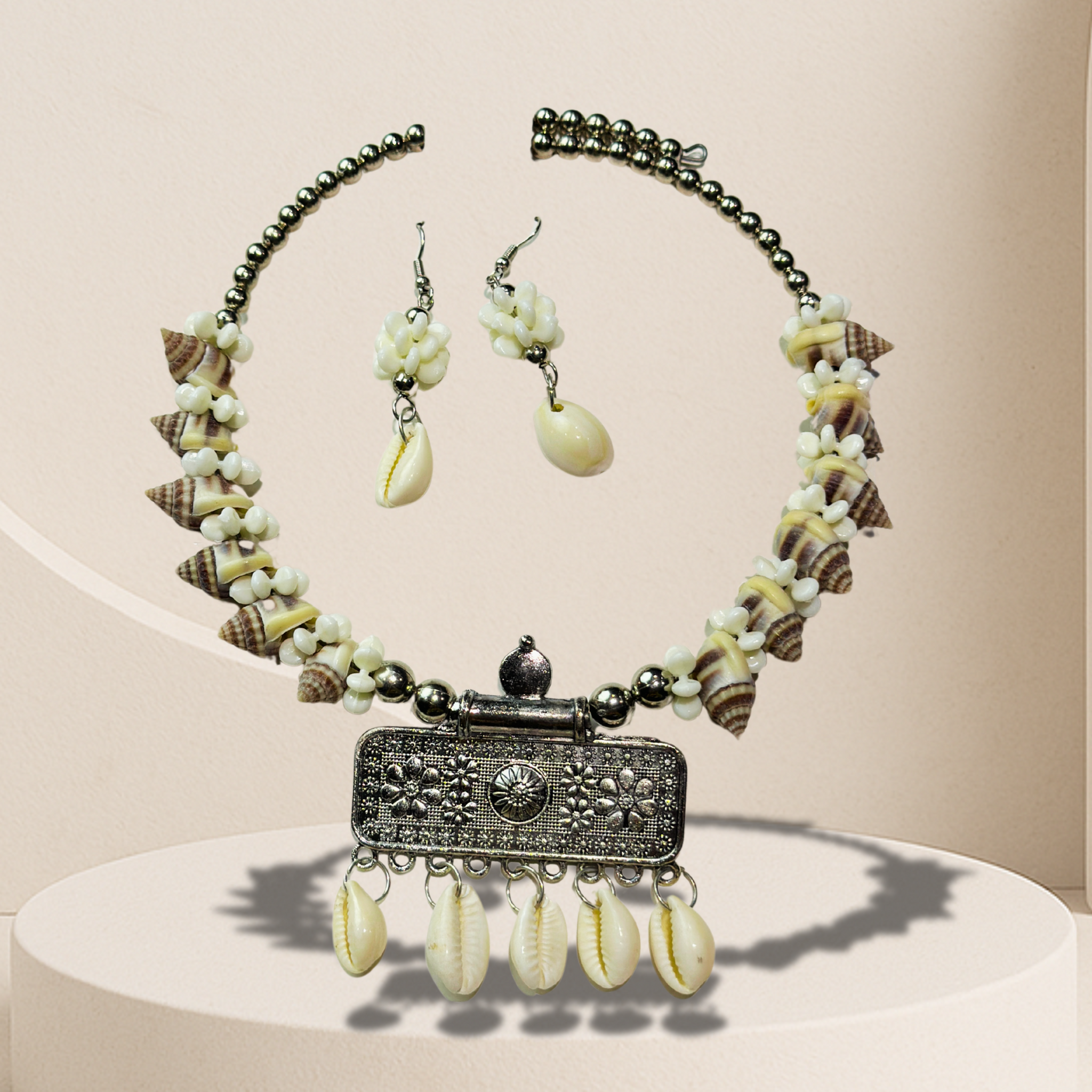 Handmade Cowrie Shell & Antique Pendant Necklace Set with Earrings | Boho Oxidized Jewelry for Women