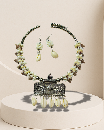 Handmade Cowrie Shell & Antique Pendant Necklace Set with Earrings | Boho Oxidized Jewelry for Women