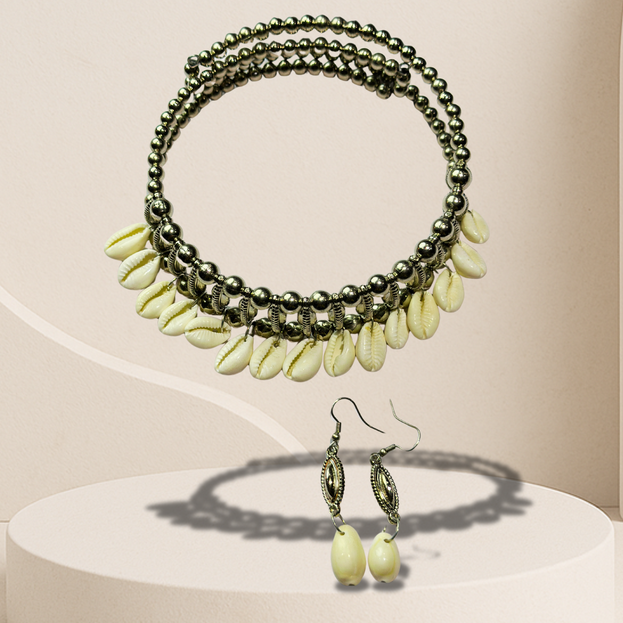 Boho Cowrie Shell Choker Necklace Set with Earrings | Oxidized Silver Jewelry for Women