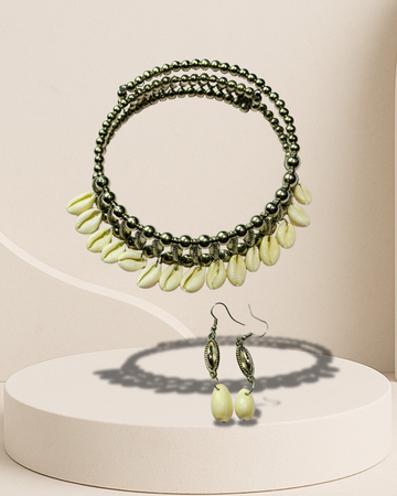 Boho Cowrie Shell Choker Necklace Set with Earrings | Oxidized Silver Jewelry for Women