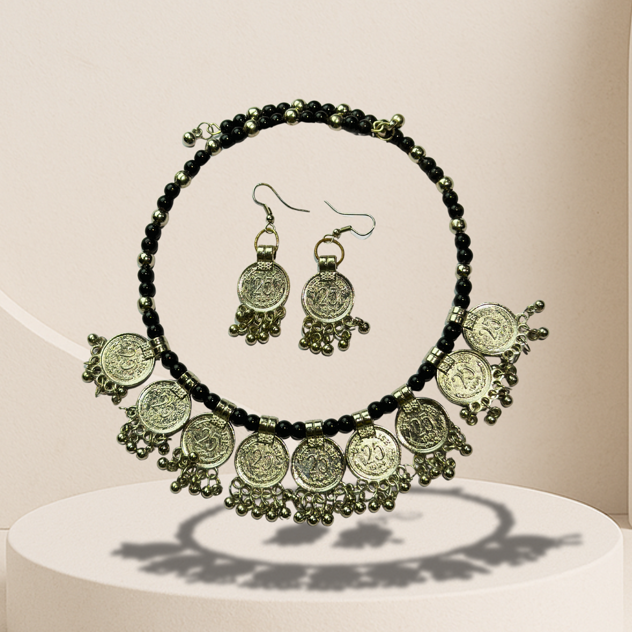Oxidized Coin Necklace Set with Black Beads & Earrings | Antique Festival Jewelry for Women