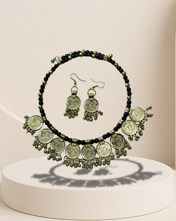Oxidized Coin Necklace Set with Black Beads & Earrings | Antique Festival Jewelry for Women