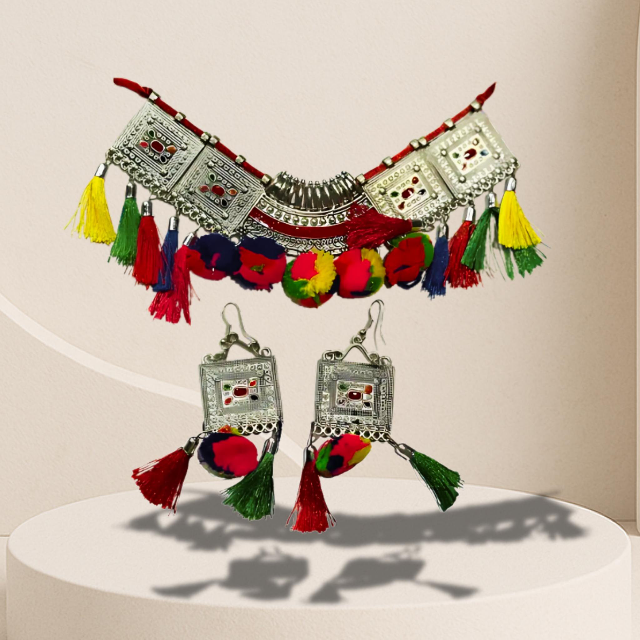 Oxidized Tribal Pom-Pom Choker Necklace Set with Colorful Tassels & Earrings | Navratri Festival Jewelry for Women