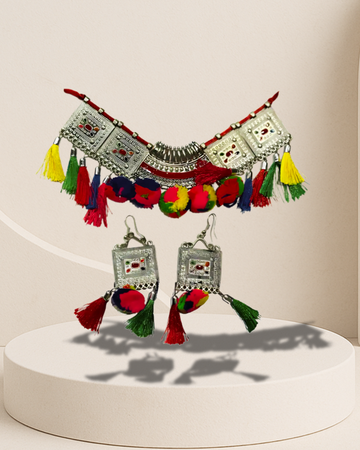 Oxidized Tribal Pom-Pom Choker Necklace Set with Colorful Tassels & Earrings | Navratri Festival Jewelry for Women