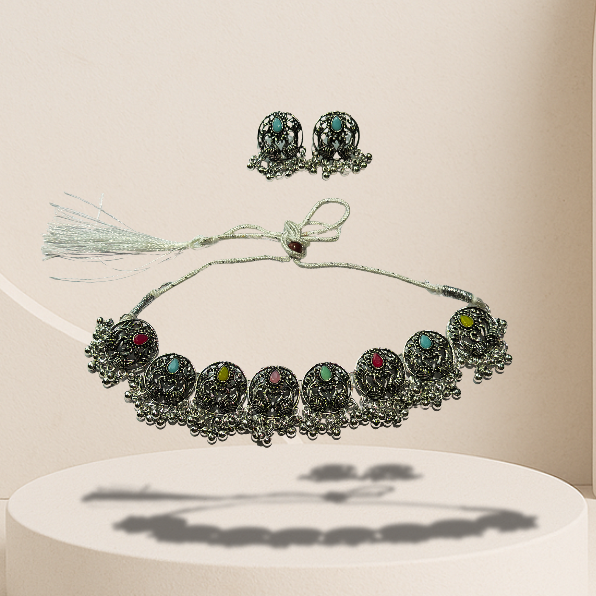 Oxidized Multicolor Stone Choker Necklace Set with Earrings | Antique Ethnic Jewelry for Women