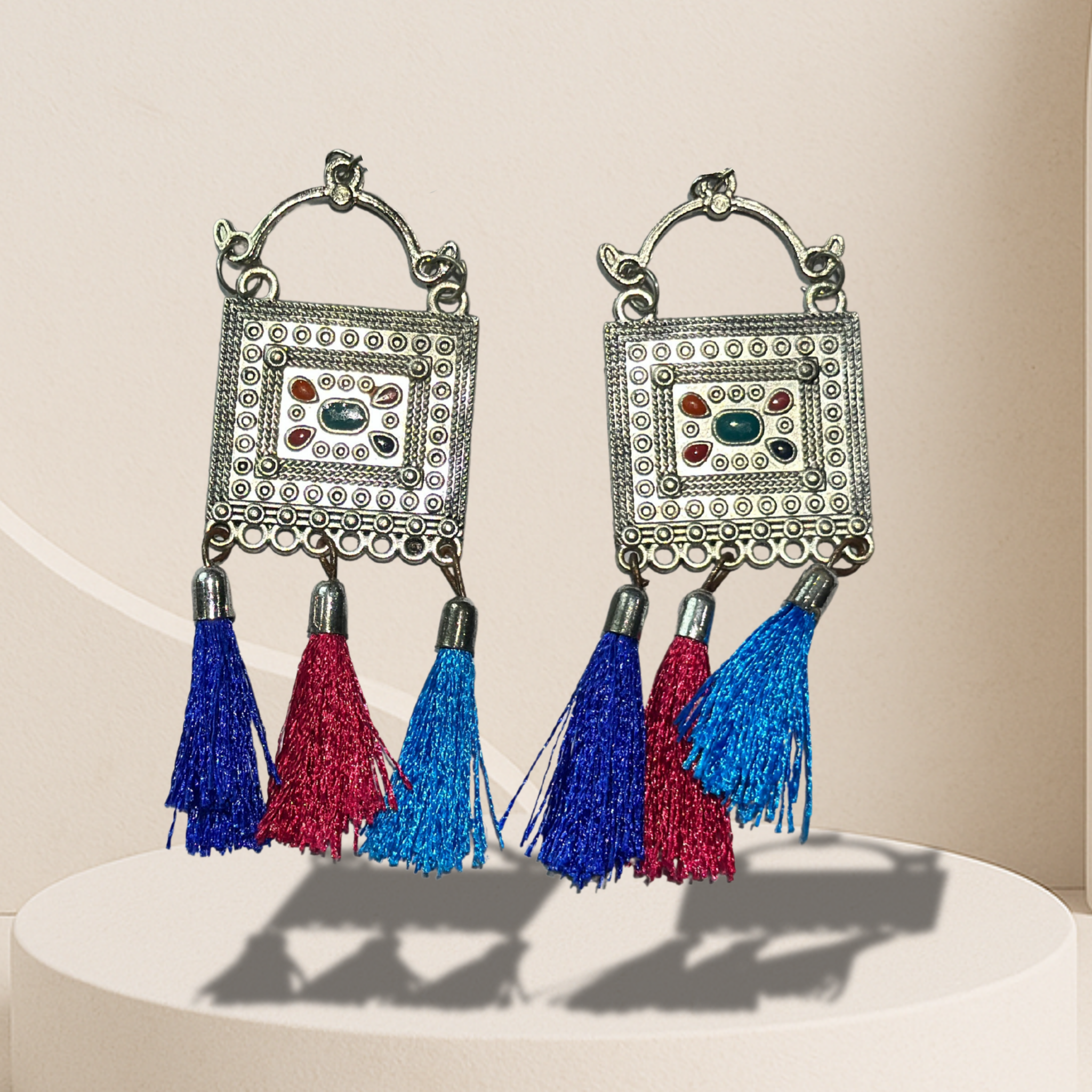 Boho Oxidized Square Earrings with Multicolor Tassels