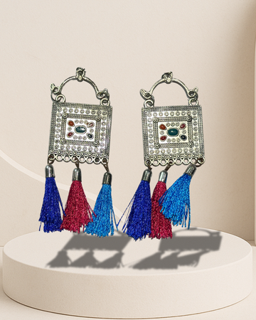 Boho Oxidized Square Earrings with Multicolor Tassels